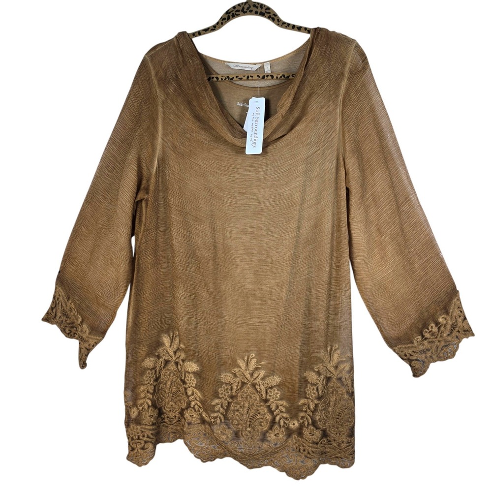 Soft Surroundings Renee Silk Cowl Tunic Tawny Brown Embroidered‎ Top Large NWT
